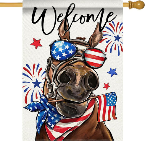 Welcome 4th of July Donkey Patriotic Decorative Flag, America Stars Stripes Firework Garden Yard Outside Decorations, American USA Outdoor Large H...