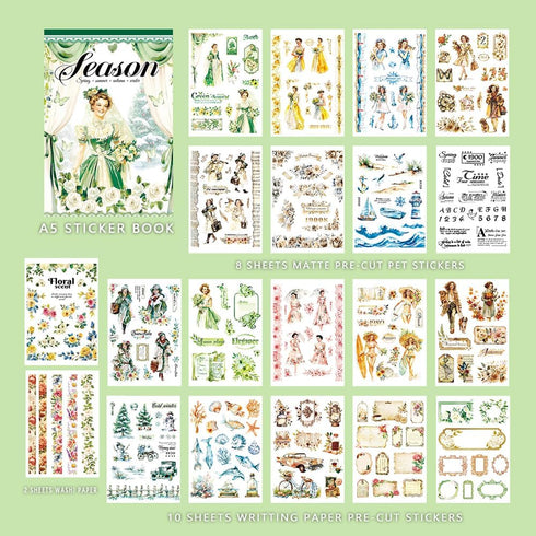 Dwpetzo 278Pcs Seasons Landscape Scrapbooking Journaling Sticker Book Precut, 3 Assorted Adhesive Washi, PET, and Paper Materials Stickers for Jun...