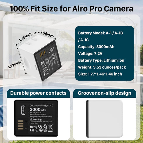 LCLEBM 1-Packs Rechargeable Batteries for Arlo Pro, Arlo Pro 2, 7.2V Upgraded 3000mAh Li-ion Replacement Camera Battery Packs VMA4400 A-1 A-1B A-1...