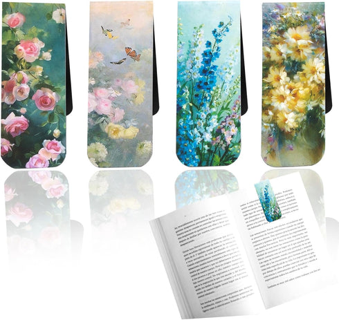 4Pcs Bookmark,Book Lovers Magnetic Bookmarks,Floral Style Bookmarks for Page Markers for Students and Teachers Reading,Book Lovers Gifts (C-Bloomi...