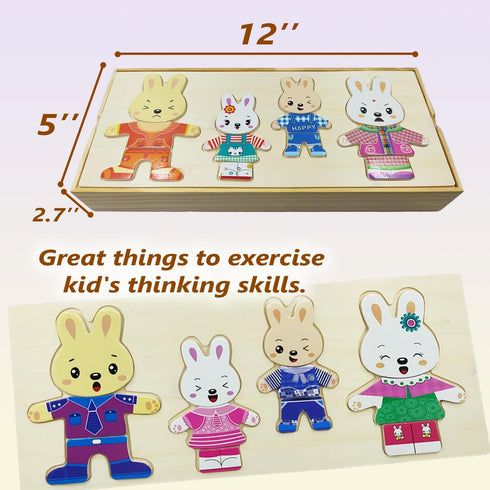 Wooden Bunny Family Dress-up Puzzle Box for Toddlers(72pcs),Change Clothes Puzzle Games, Preschool Learning Activities Toys for Kids Ages 3+...