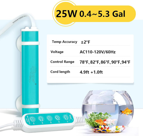 hygger Mini Submersible Aquarium Heater, Turtle and Betta Tank Heater with Digital Display/Five-Key External Controller Freshwater(25W-Key)...