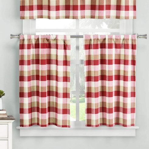 Home Maison - Kingsville Country Plaid Gingham Checkered Kitchen Tier & Valance Set | Small Window Curtain for Cafe, Bath, Laundry, Bedroom - (Red...