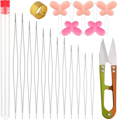 12 Pieces Beading Needles, 6 Size Collapsible Eye Needles for Beading with Needle Bottle, 5 Pcs Bead Needle Threader, Scissors and Thimble for Jew...