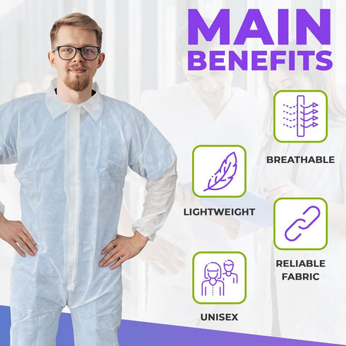 AMZ White Disposable Coveralls for Men, Large. 40 GSM Polypropylene Hazmat Suits Disposable. Unisex Full Body Protective Suit. Disposable Painters...