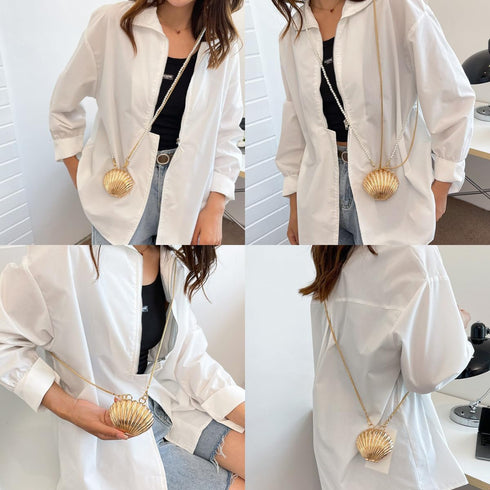 Women Girls Metal Shell Mini Lipstick Shoulder Bags Fashion Pearl Chain Crossbody Bag Purse Handbags...
