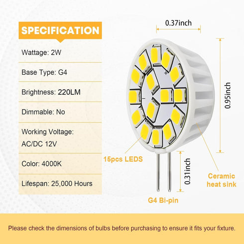 Kohree G4 LED Bulb 12V 4000K AC/DC Bi-Pin Base Ceiling Recessed Puck Light Bulb LED Replacement Halogen Bulb 20W Equivalent for RV Camper Trailer ...