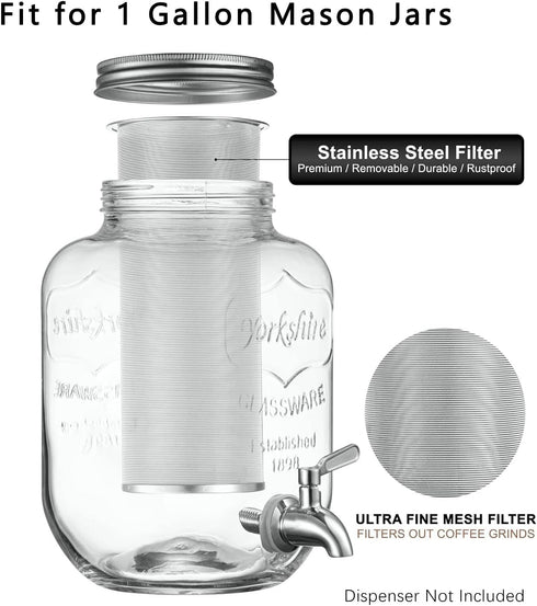Cold Brew Coffee Filter for 1 Gallon Mason Jars, Made with Stainless Steel, Fine Mesh Filter for Large Batch Cold Brewing, 1 Gallon Mason Jar Filt...