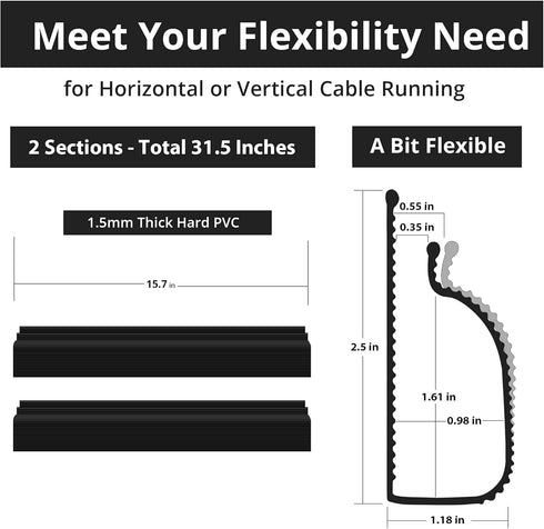 Cable Management Under Desk (31.5in J Channel 2x15.7in) Self Adhesive Cable Raceways Cable Channel, Easy to Install Cord Cover Cable Hider Desk Co...