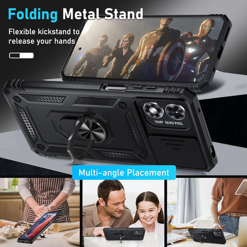 Janmitta for Motorola Moto G Play 2024 Case Built in Slide Camera Lens Cover+Screen Protector+Finger Ring Holder Kickstand,Heavy Duty Shockproof F...