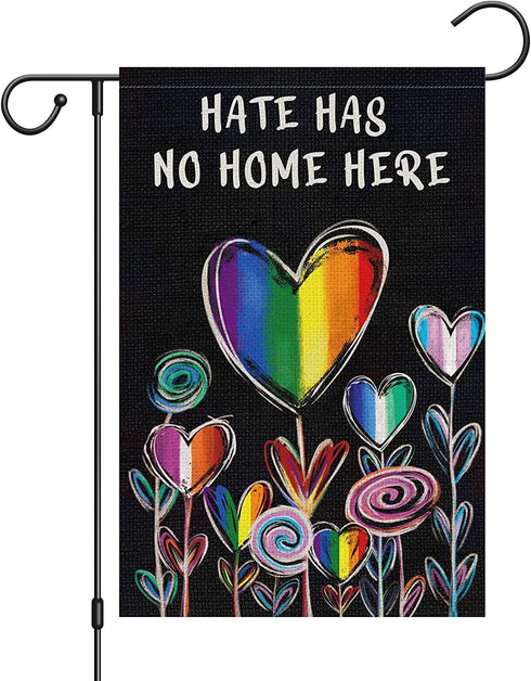Hate Has No Home Here Pride Garden Flag 12x18 Double Sided Burlap, Small Rainbow Love Heart Gay Lesbian LGBT Pansexual Garden Yard Flags Sign Bann...
