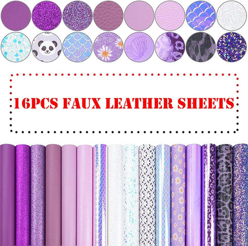 16 Pieces 8x6 Inch New Contrast Colors White Purple Light Purple Series Faux Leather Fabric Sheets Include Litchi Daisy Fine Chunky Glitter Butter...