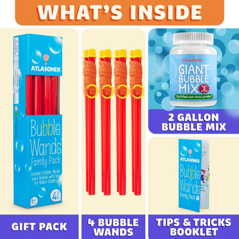 4 PACK PARTY BOX Giant Bubble Wands INCLUDING 2 Gallons of Huge Bubble Solution Mix Refill for Huge Bubble Maker Liquid Big BubblesPARTY Outdoor S...