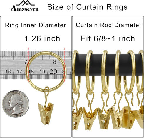 40 Pack Curtain Rings with Clips, Drapery Clips with Rings, Drapes Rings 1.26 in Interior Diameter, Fits up to 1 in Curtain Rod, Gold Color...