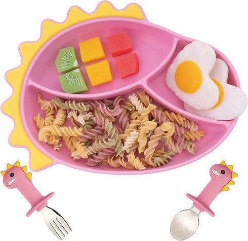 Suction Plates for Baby,Silicone Toddler Plates with Stainless Steel Spoon Fork set Divided Dinosaurs Plates Self Feeding Training Baby Dinner Pla...