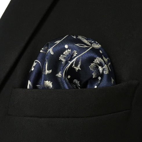 S&W SHLAX&WING Floral Pocket Square for Men Dark Blue Silver Unique Design 12.6" Large...