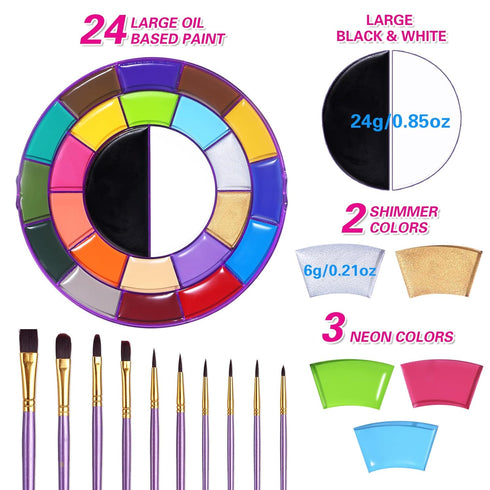 BOBISUKA Face Body Paint Palette Set, 24 Colors SFX Painting Makeup Kit + 10pcs Purple Artist Brushes, Large Black & White Pan, Neon Camo Oil Pain...