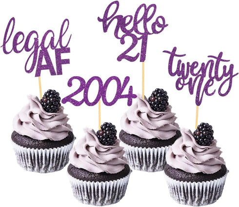 24 Pcs Glitter 21st Birthday Cupcake Toppers for Celebrating Twenty-One Years Old Birthday Party Decorations (Purple Glitter)...