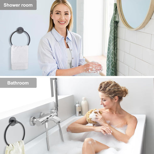 Towel Holder for Bathroom Matte Black Towel Ring, 2pcs Adhesive Wall Mounted Hand Towel Holder, Towel Hanger for Bath&Kitchen Organizer, Stainless...
