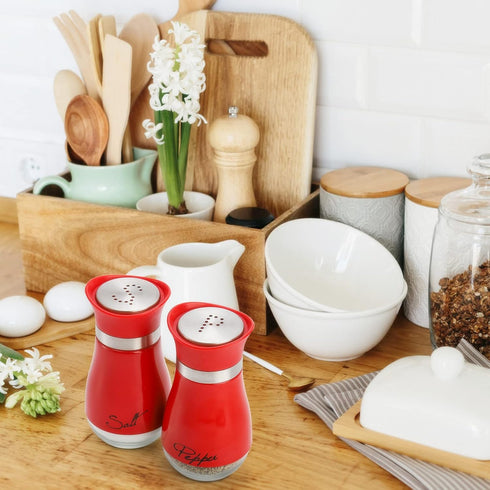 Tebery 4 Ounces Red Salt and Pepper Shakers Set, Elegant Stainless Steel with Glass Bottom...