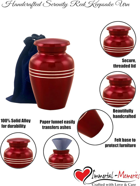 Immortal-Memories Serenity Keepsake Urn for Ashes - Miniature Urns - Mini Jar - Pet Urn -Token Urn with Velvet Bag (Red)...