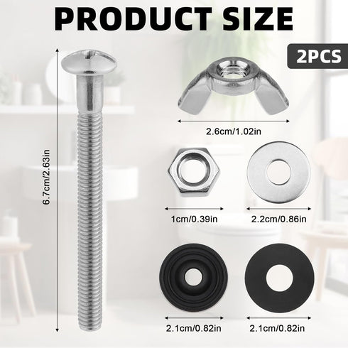 2Pcs Universal Toilet Tank to Bowl Bolts Kit, Heavy Duty Toilet Bolts with Rubber Washers Gaskets and Wing Nuts Extra Long Nut Screw Set for Toile...