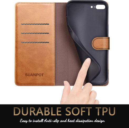 SUANPOT Flip Book Phone Case for iPhone 7 Plus/8 Plus 5.5" with RFID Blocking Leather Wallet Case, Credit Card Holder, Shockproof Cover, Brown...