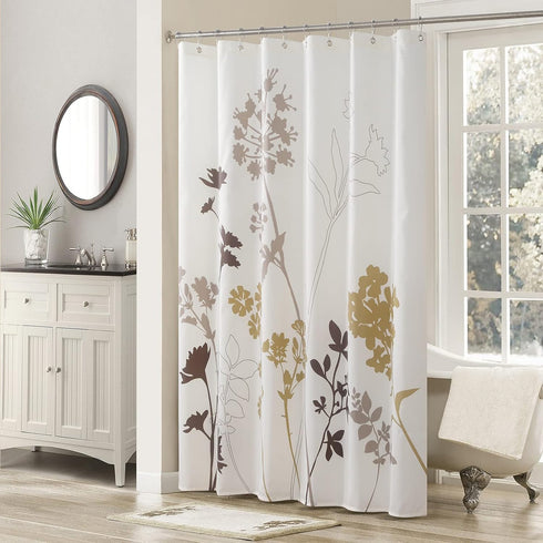 Cream Fabric Shower Curtain,Silhouette Flower Polyester Fabric,Waterproof Floral Leaves Shower Curtain,Plants Printed Shower Curtains for Bathroom...