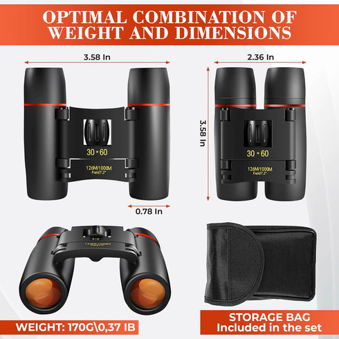 30x60 Travel Binoculars for Bird Watching – Small Binoculars for Adults with 126M/1000M Wide Field of View, 7.2° Angle & Storage Bag – Designed fo...