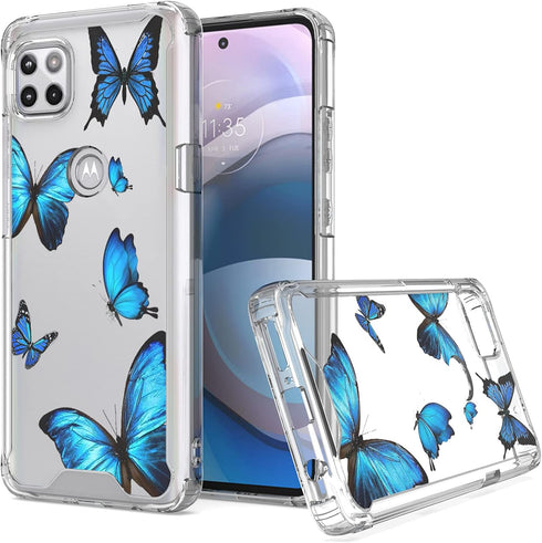 Cell Phone Case for Motorola Moto One 5G Ace, Moto One 5G Ace Case Clear Acrylic Backing with Blue Butterfly Design, Flexible TPU Bumper Shockproo...