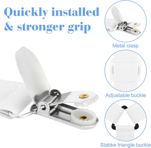 Morcheiong 2 Pack Bed Sheet Fasteners Straps Adjustable Bed Sheet Holder Bands with Sheet Clips for Bedding Stays Bedsheet Tie Downs - White...