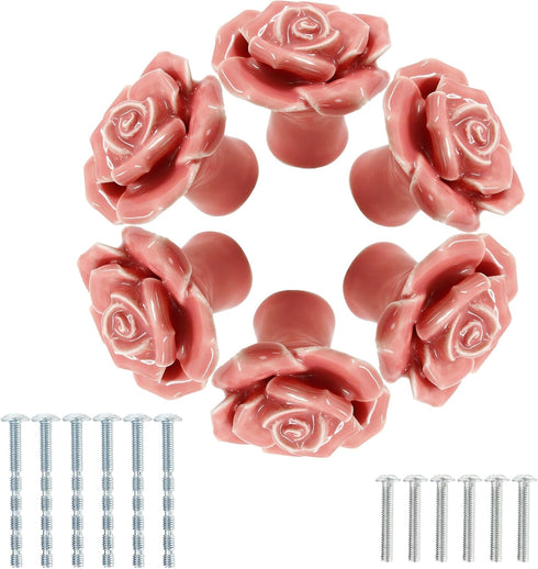6 Pcs Pink Rose Drawer Pulls, Ceramic Flower Knobs Decor Handles for Drawer, Cabinet, Dresser, Cupboard, Door...
