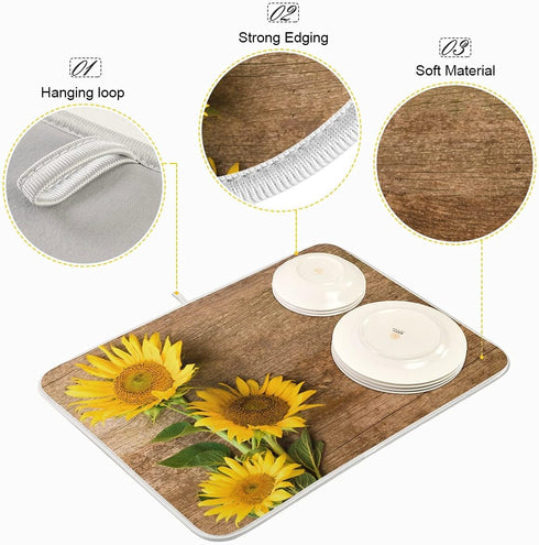 Absorbent Dish Drying Mat for Kitchen Counter - Yellow Sunflower Country Style Microfiber Drying Pad, Reversible Drainer Mats for Countertop, Medi...