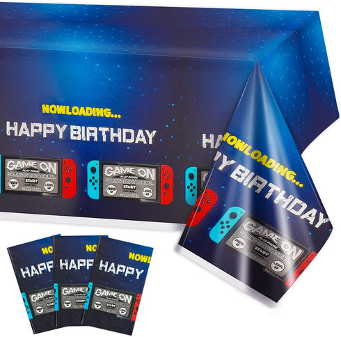 PHOGARY 3 Pack Video Game Tablecloth, Blue Gamer Birthday Decorations Disposable Plastic Rectangle Tablecloths for Kids Player Gamer Party Supplie...