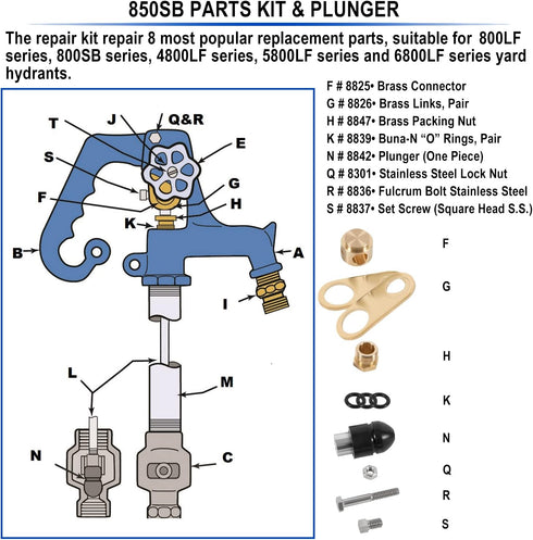 850 Sb Parts Kit Yard Water Hydrant Repair Kits & 8842 Plunger Fit for Simmons 800LF 800SB 4800LF 5800LF 6800LF Series Frost Proof Landscape Outdo...