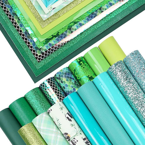 16 Pieces 8x6 Inch New Contrast Colors Blue Green Series Faux Leather Fabric Sheets Include Litchi Fine Chunky Glitter Panda Mermaid Scale Snake T...