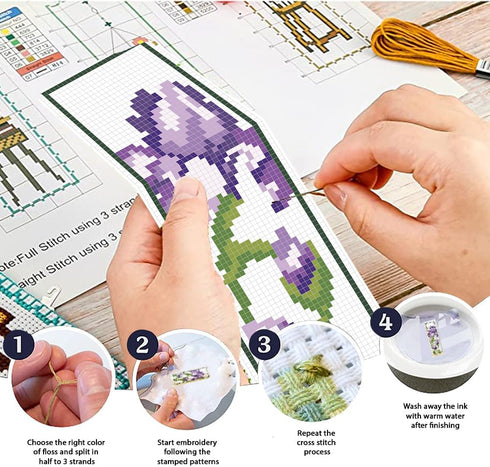 FREEBLOSS 6 Set Iris Cross Stitch Bookmark Kits Hand Embroidery Kit for Beginners Counted Cross Stitch Kit DIY Bookmark Kit Full Cross Stitch Embr...