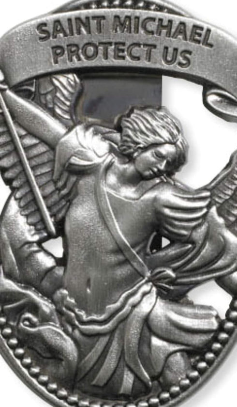 Silver Tone Zinc Alloy Archangel St Michael Protect Us Visor Clip, 2 1/4 Inch...