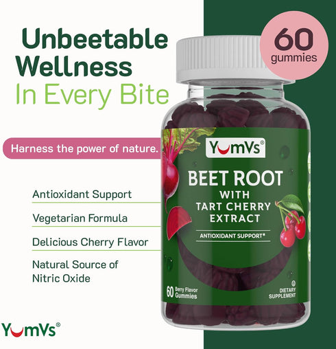 YumVs Beet Root Gummies with Tart Cherry Extract - Berry Flavor Beetroot Gummies - Beet Chews for Blood Circulation and Antioxidant Support - Red ...