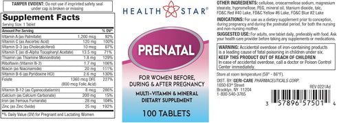 Prenatal Multivitamin by HealthStar for Healthy Mom and Baby - Folate + Vitamin C + Vitamin D + Iron + Calcium + B12 - 100 tablets...