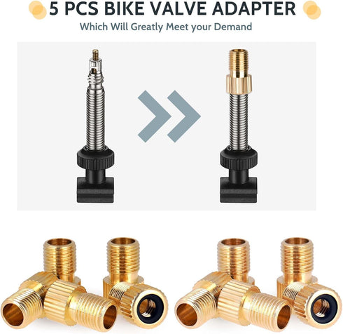 Brass Presta Valve Adaptor, 5 PCS Convert Presta to Schrader Bike Pump Adapter with Rubber Seal Rings, Inflate Tire Using Standard Pump or Air Com...