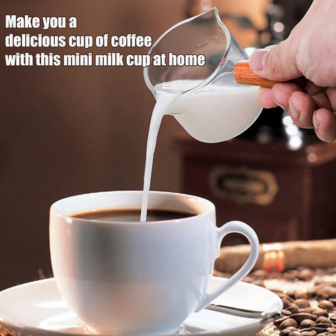 Double Spouts Measuring Cup with Wooden Handle Heat-Resistant Espresso Shot Glasses 3.5oz Mini Sauce Pitcher for Milk Coffee Tea Wine Cocktail...