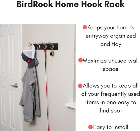BIRDROCK HOME Oval Hook Coat and Hat Rack | 4 Hooks | Wall Mount | Black Finish | Satin Nickel Hooks...