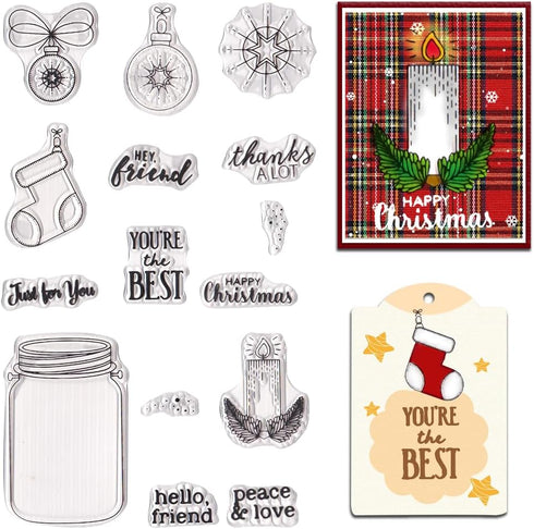 Christmas Sentiments Words Clear Stamps for Card Making, Wishing Bottle Candle Clear Rubber Stamps Christmas Sock Bell Stamps for Holiday Card Mak...
