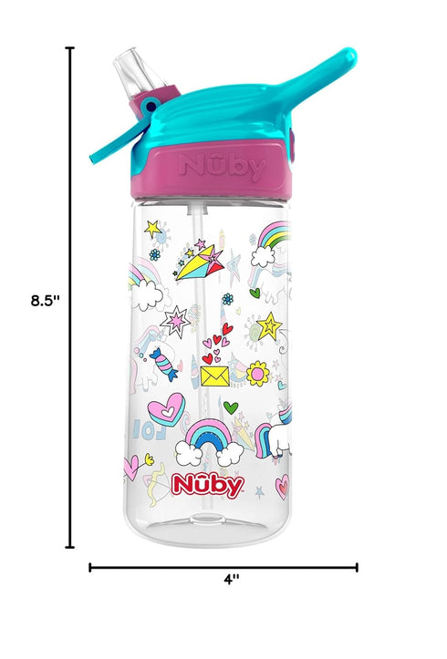 Nuby Push Button Flip-it Soft Spout Tritan Water Bottle, Pink Unicorns, 18 Oz...