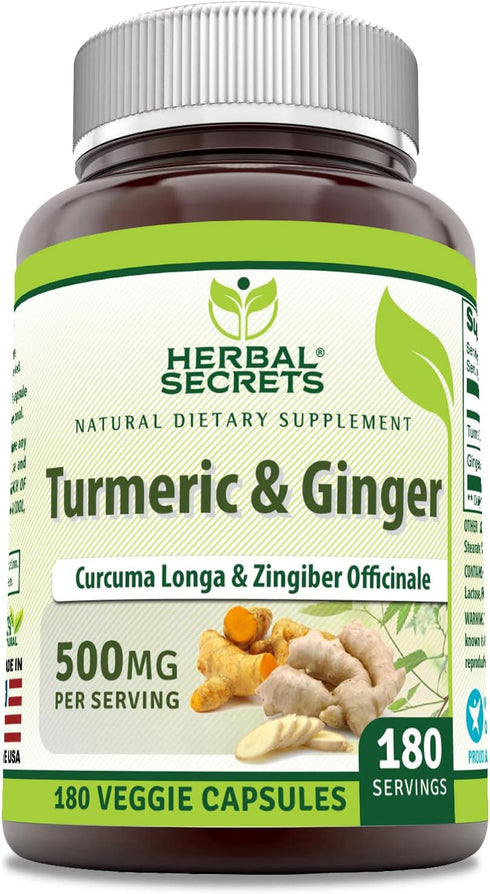 Herbal Secrets Turmeric & Ginger 500 Mg Veggie Capsules Supplement | Non-GMO | Gluten Free | Made in USA (1 Pack, 180 Count)...