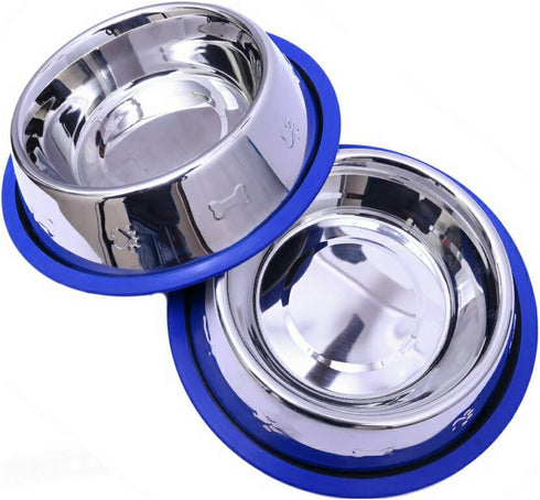 Set of 2 Etched Stainless Steel Dog Bowls, Easy to Clean with Non-Skid No-Tip Silicone Ring, Feeding Bowls for Dogs (2 Pak / 32oz Each Bowl)...
