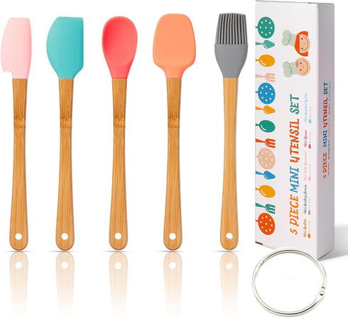 KSENDALO Small Spatulas for Kitchen Use,Silicone Mini Spatula Small Rubber Scraper Heat Resistant Tiny Spatula for Baking Cookie with Bamboo Handl...