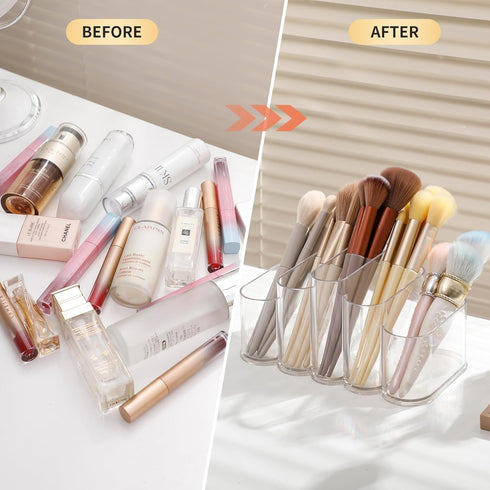 Yesesion Plastic Makeup Brush Holder for Desk, Clear Cosmetics Brushes Organizer with 5 Compartment, Storage Cup for Eyeliners, Facial Painting Ki...