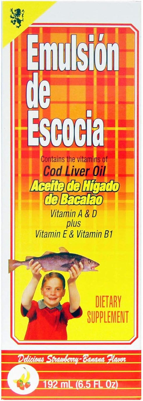 EMULSION DE ESCOCIA Cod Liver Oil Liquid, Strawberry-Banana Flavor, Fish Oil Liquid with Vitamins A, D, E & B1 for Kids & Adults, Immune & Bone He...